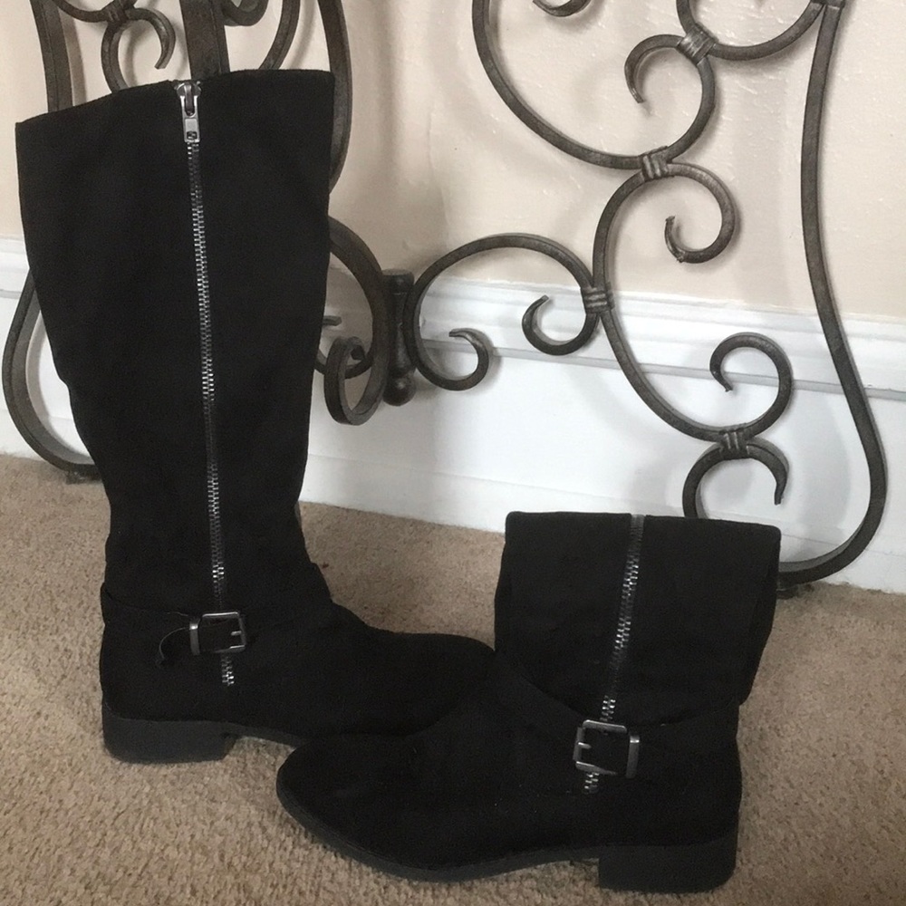 Tall black suede boots